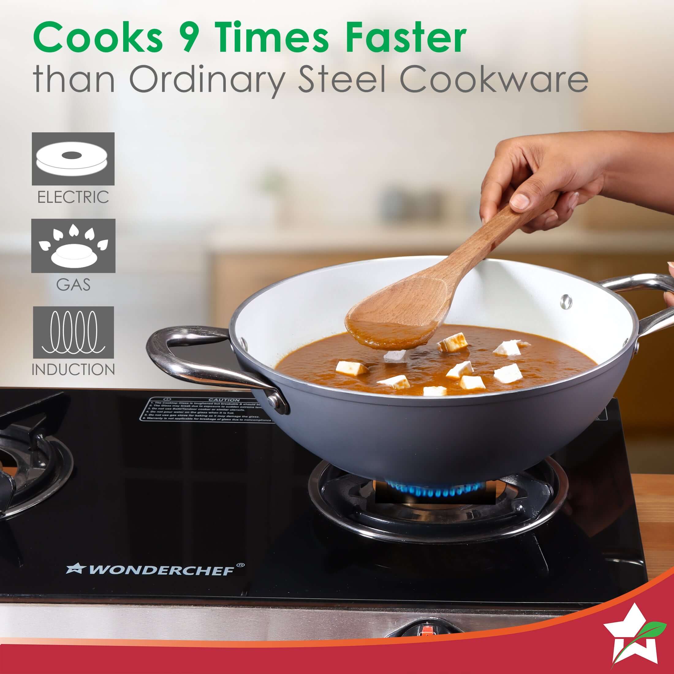 Eco-Glide Ceramic Kadhai 28cm with Glass Lid, 4.3Litre Non-toxic, Chemical Free, Low Oil Cooking, Scratch-resistant, Stainless-steel Handle, Gas+Induction Compatible, 2-Year Warranty, Grey