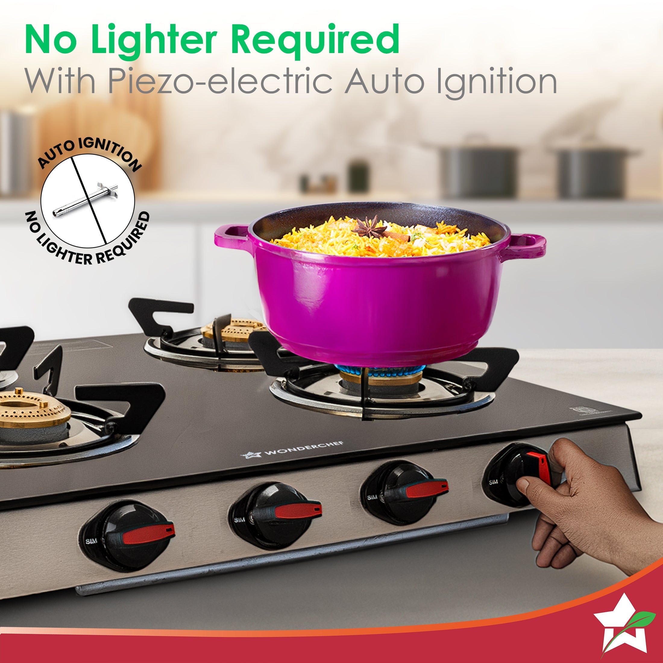 Galaxy Auto-Ignition 4 Brass Burner Gas Stove, LPG Gas Stove for Kitchen, No Lighter Needed, ISI Toughened Glass Surface, SS Frame, Spill-proof Design, Ergonomic Knobs, 2-Yr Warranty