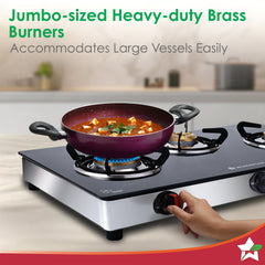 Regal 3 Brass Burner Gas Stove, LPG Gas Stove for Kitchen, ISI Toughened Glass Surface, SS Frame, Spill-proof Design, Ergonomic Knobs, 2-Yr Warranty
