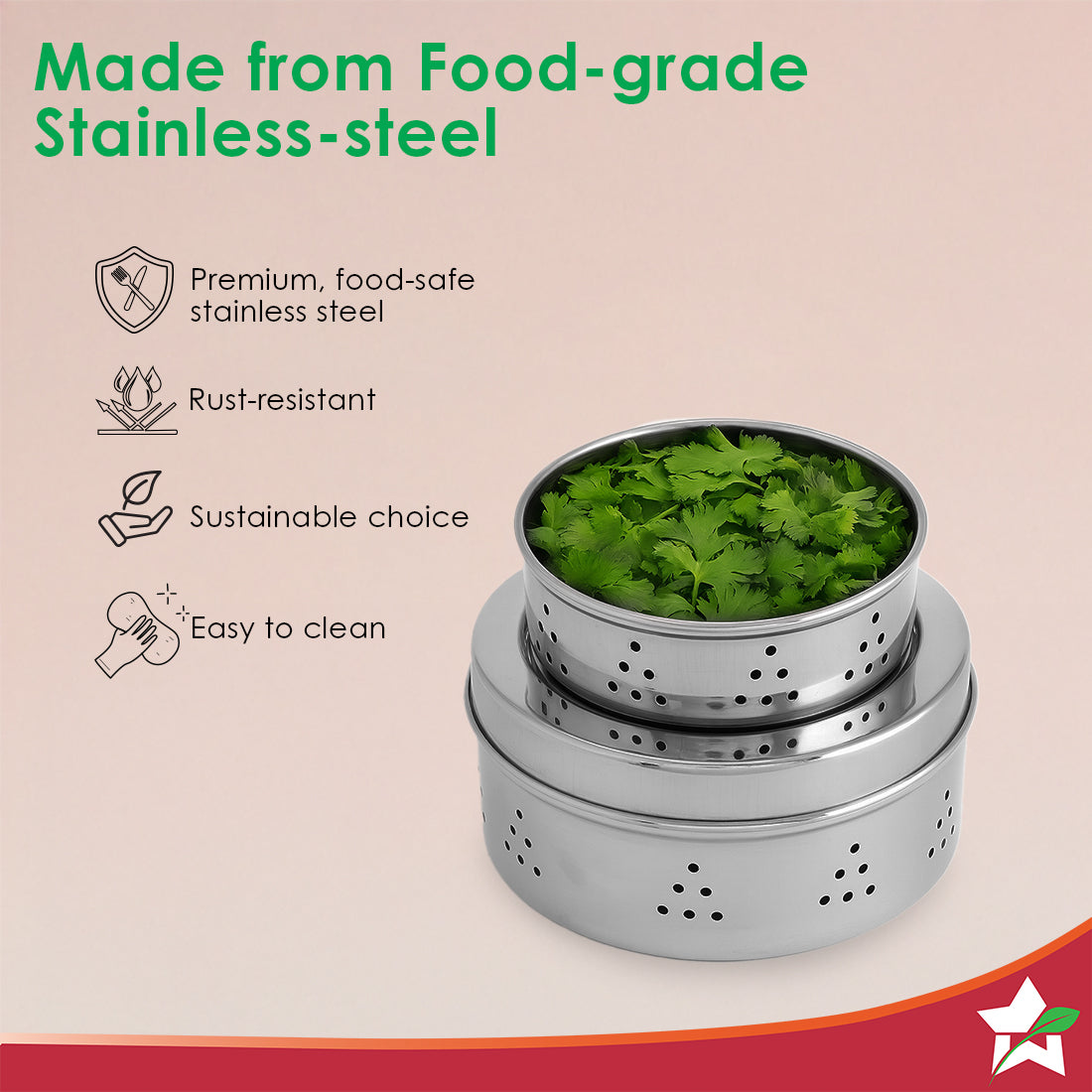 Ambrosia Stainless-steel Coriander Box (2 Pcs.) | Perforated Container for Air Circulation | Food-grade, Non-corrosive, Sturdy | For Coriander, Garlic, Onions, Dry Veggies | 1-year Warranty