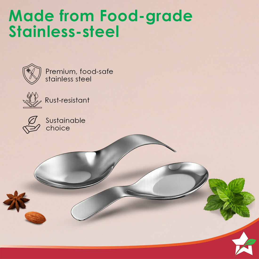 Ambrosia Stainless-steel Spoon Rest 2 Pc. Set for Home, Kitchen Platform and Dining Table, Keep Ladle, Spatula, Serving Spoon, Turner on the Stand, Mess-free Countertop, 1-Yr Warranty