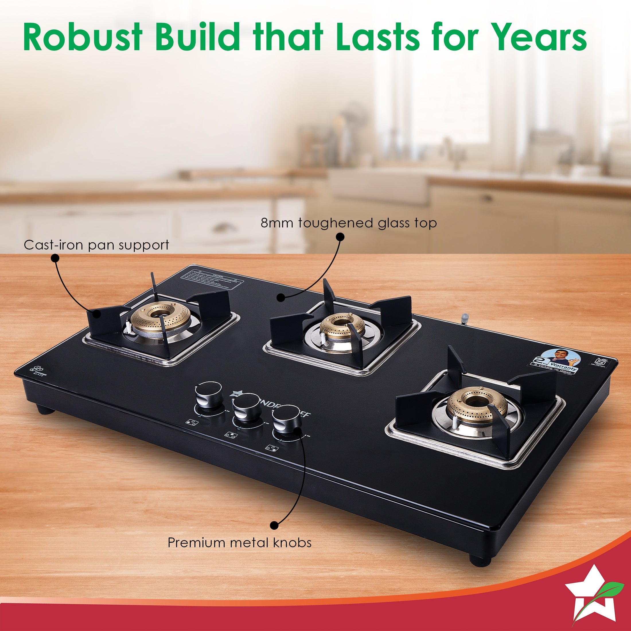 Octavia 3 Burner Glass Hob Top Auto Cooktop | 8mm Toughened Glass | Auto Ignition | Forged Brass Burners | Stainless Steel Drip Tray | Anti-Skid Legs | Large & Heavy Pan support | LPG compatible | Black steel frame | 2 Year Warranty | Black