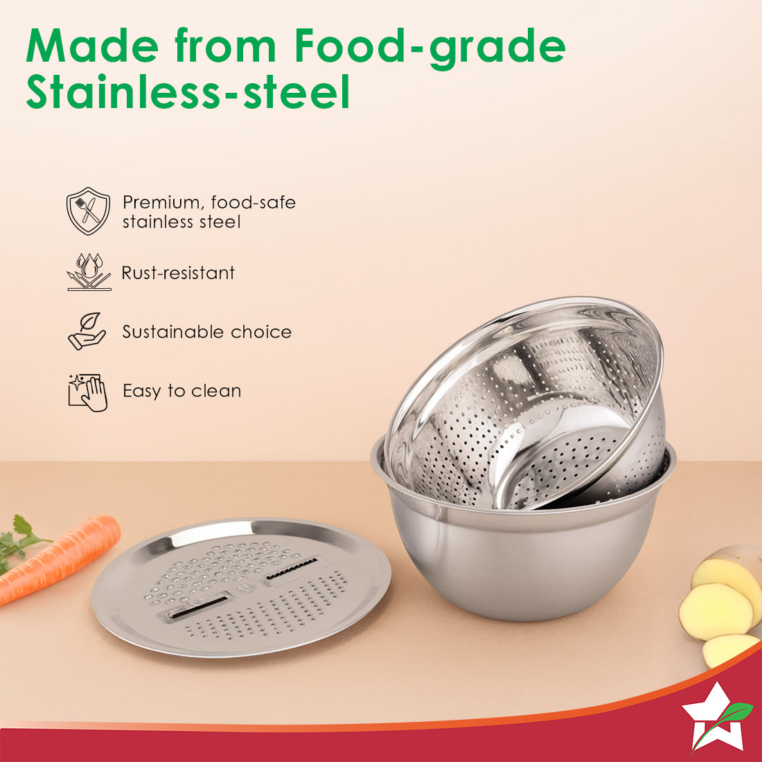 Modena Stainless-steel Bowl with Strainer, Grater | Multi-slot Lid for Fine/Coarse Grating | Food-grade, Non-corrosive, Sturdy | Use to Mix, Grate, Wash, Serve | Anti-skid | 1-year Warranty