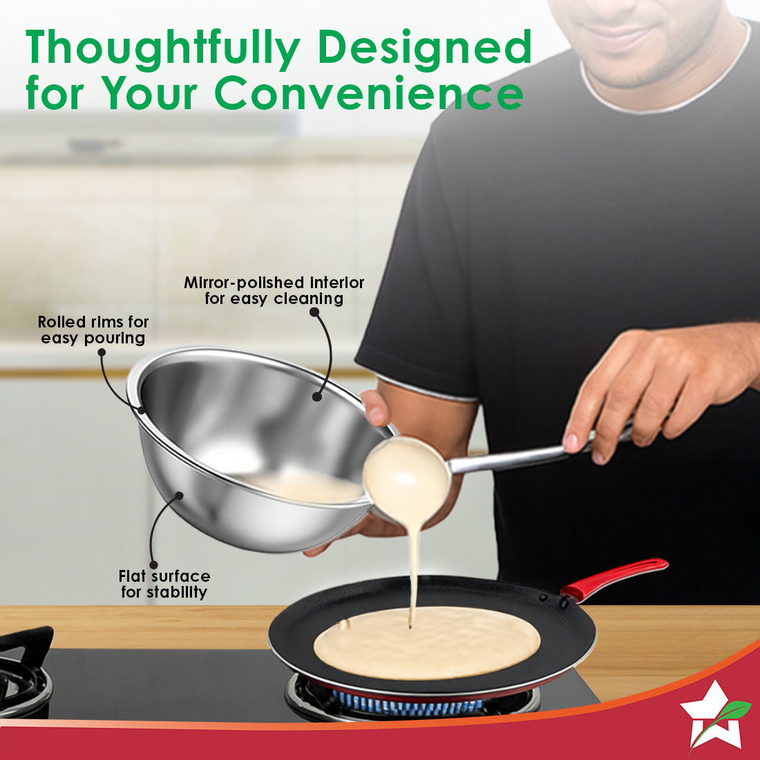 Ambrosia Stainless-steel Mixing Bowl (3 Pcs.) | 17 cm (775ml), 20 cm (1.35 L), 24 cm (2.4 L) | Stackable, Food-grade, Non-corrosive, Sturdy | Use to Mix, Marinate, Serve | 1-year Warranty