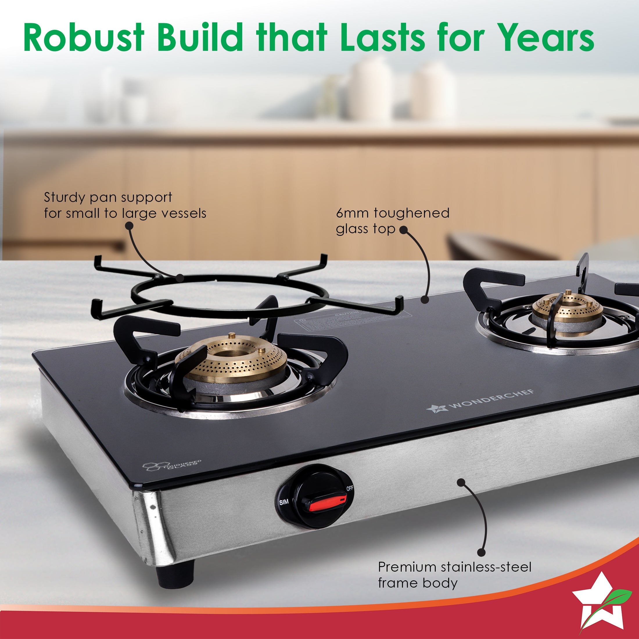 Regal 2 Brass Burner Gas Stove, LPG Gas Stove for Kitchen, ISI Toughened Glass Surface, SS Frame, Spill-proof Design, Ergonomic Knobs, 2-Yr Warranty