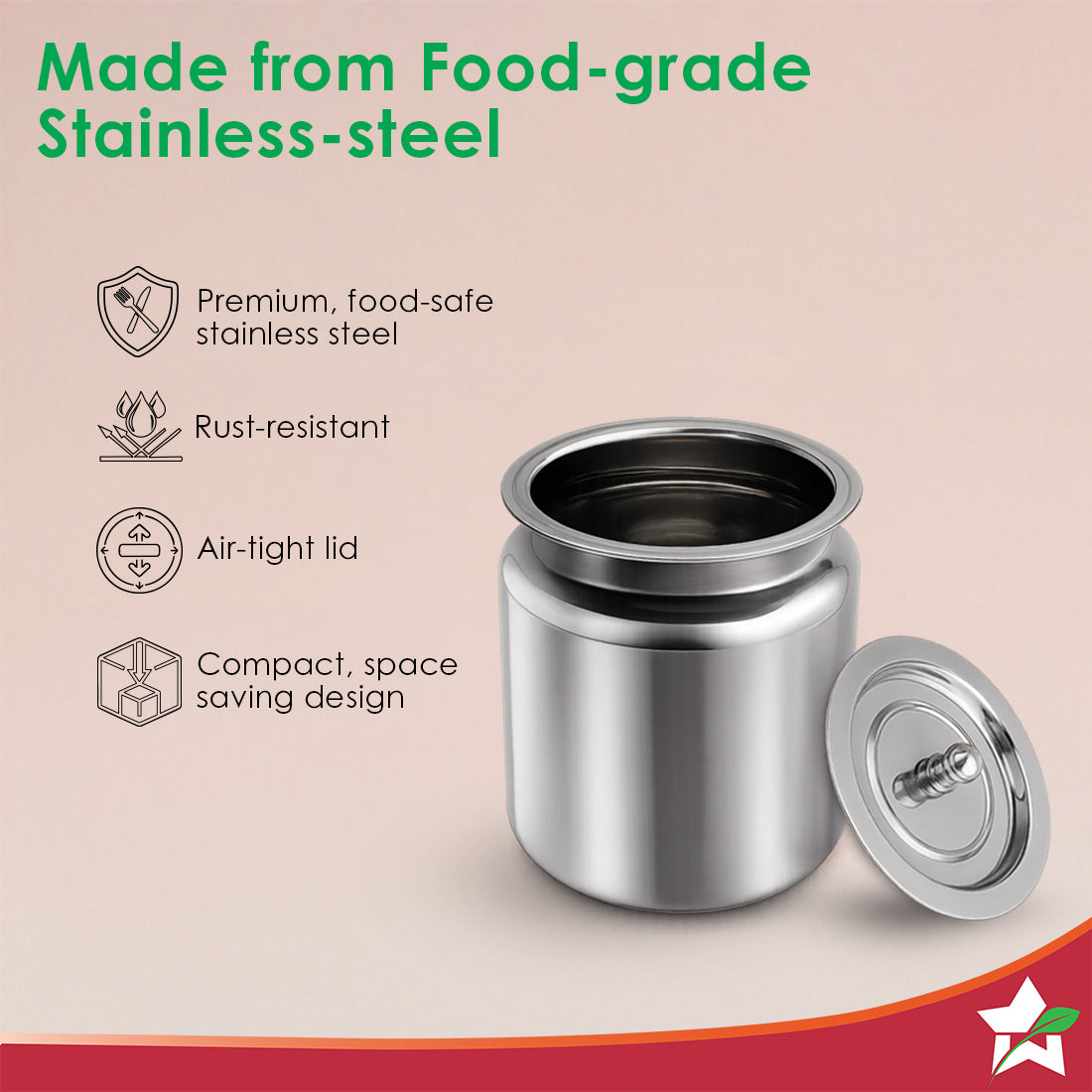 Ambrosia Premium Stainless-steel Ghee Pot with Lid, 1 L, Tight SS Lid, Rust-resistant & Durable Material, Ghee Storage for Kitchen, Multi-purpose Use, Silver, 1-Yr Warranty