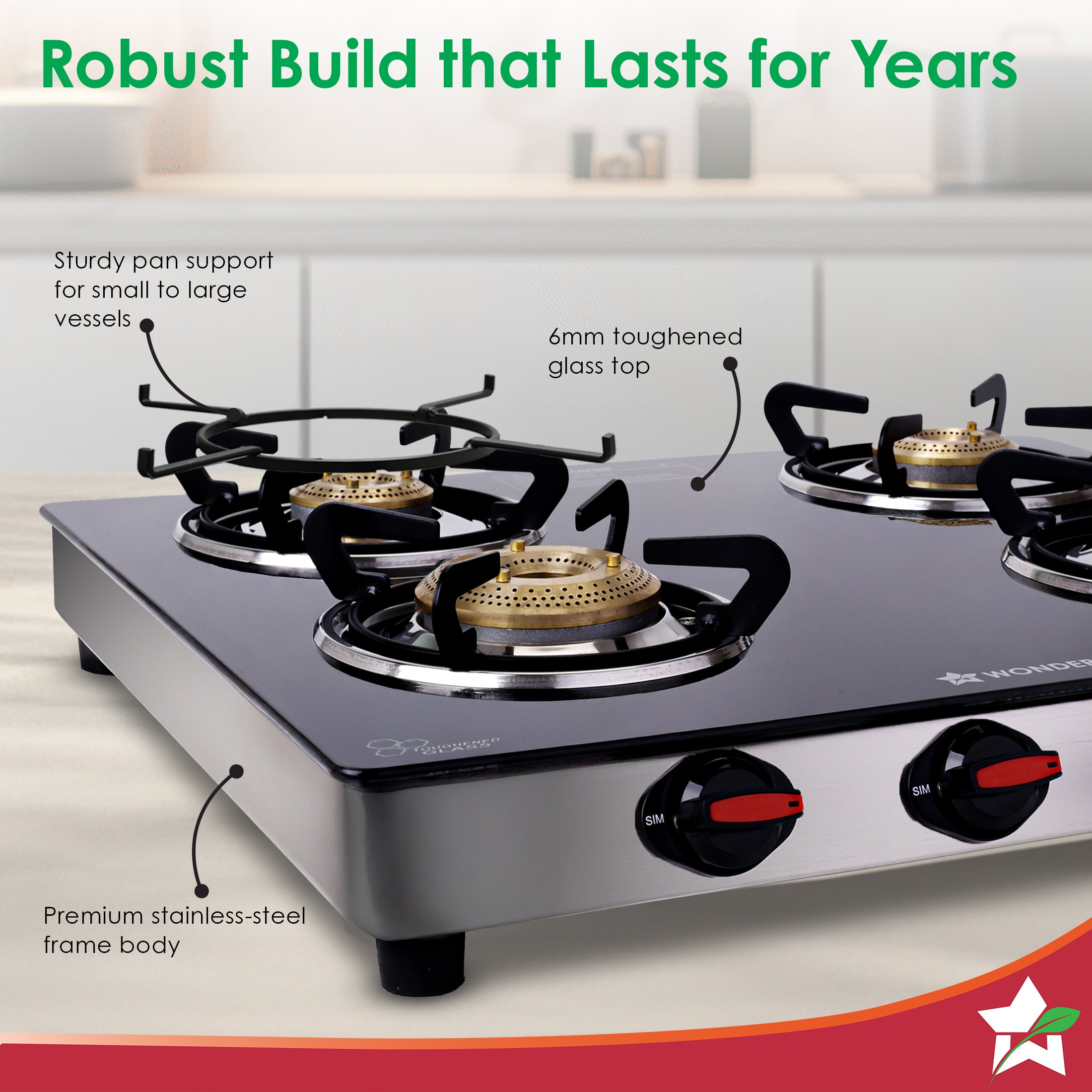 Regal 4 Brass Burner Gas Stove, LPG Gas Stove for Kitchen, ISI Toughened Glass Surface, SS Frame, Spill-proof Design, Ergonomic Knobs, 2-Yr Warranty