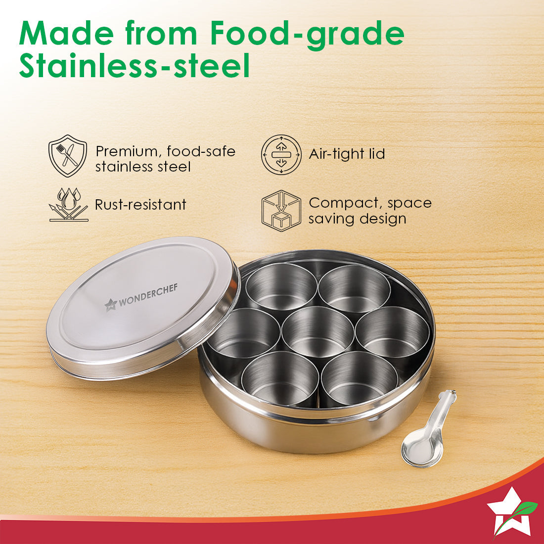 Ambrosia Stainless-steel Masala Box, 7 Containers, 1 Small Spoon, Airtight Stainless-steel Lid, Spice Organizer for Kitchen, Food-grade, Non-corrosive, Sturdy, Silver, 1-Yr Warranty