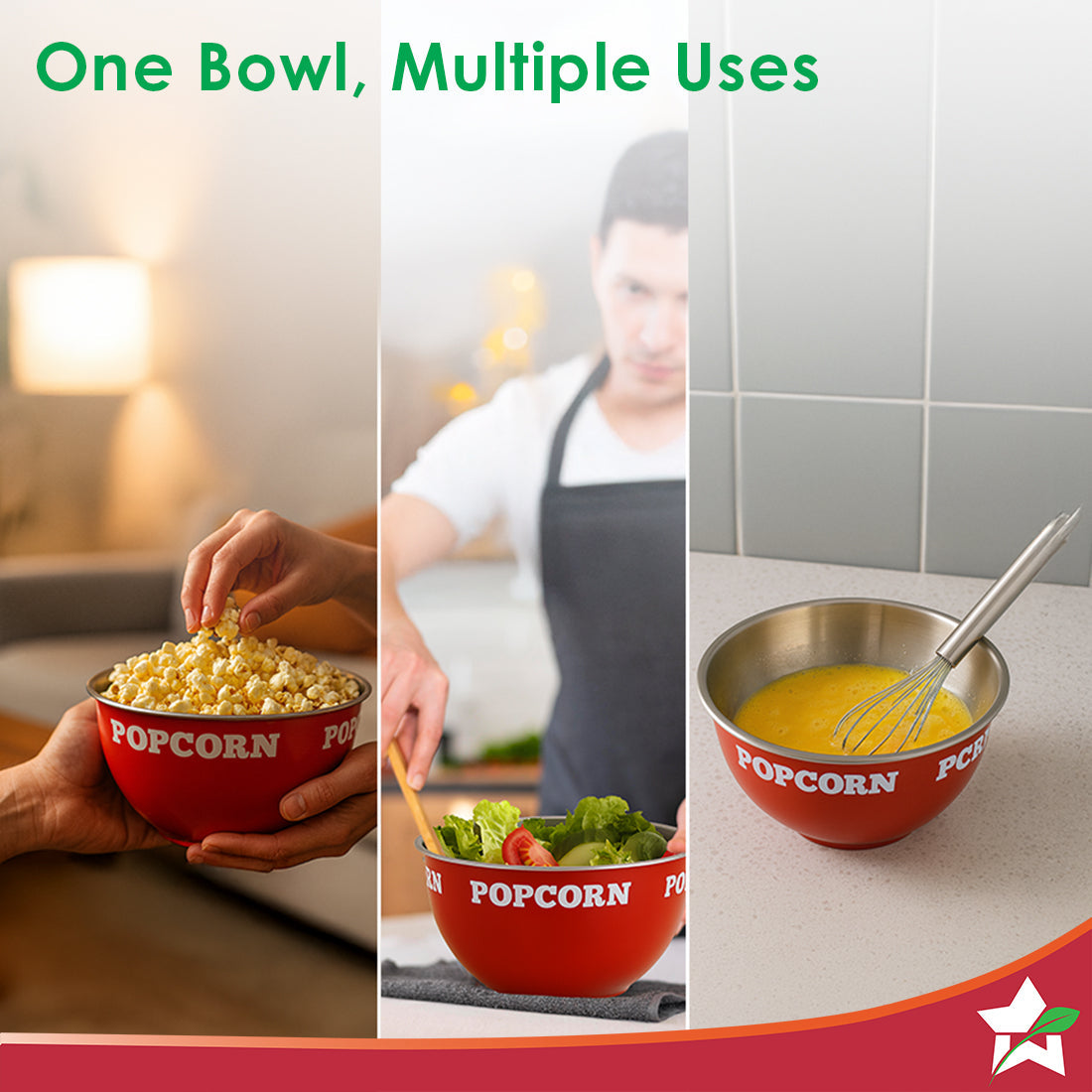Ambrosia Stainless-steel Popcorn Bowl, 1.4 L, Dual-tone, Serve Chips, Snacks, Fruits or Use for Mixing/Storing, Ideal for Movie Nights & Parties, Scratch-resistant, Red, 1-Yr Warranty