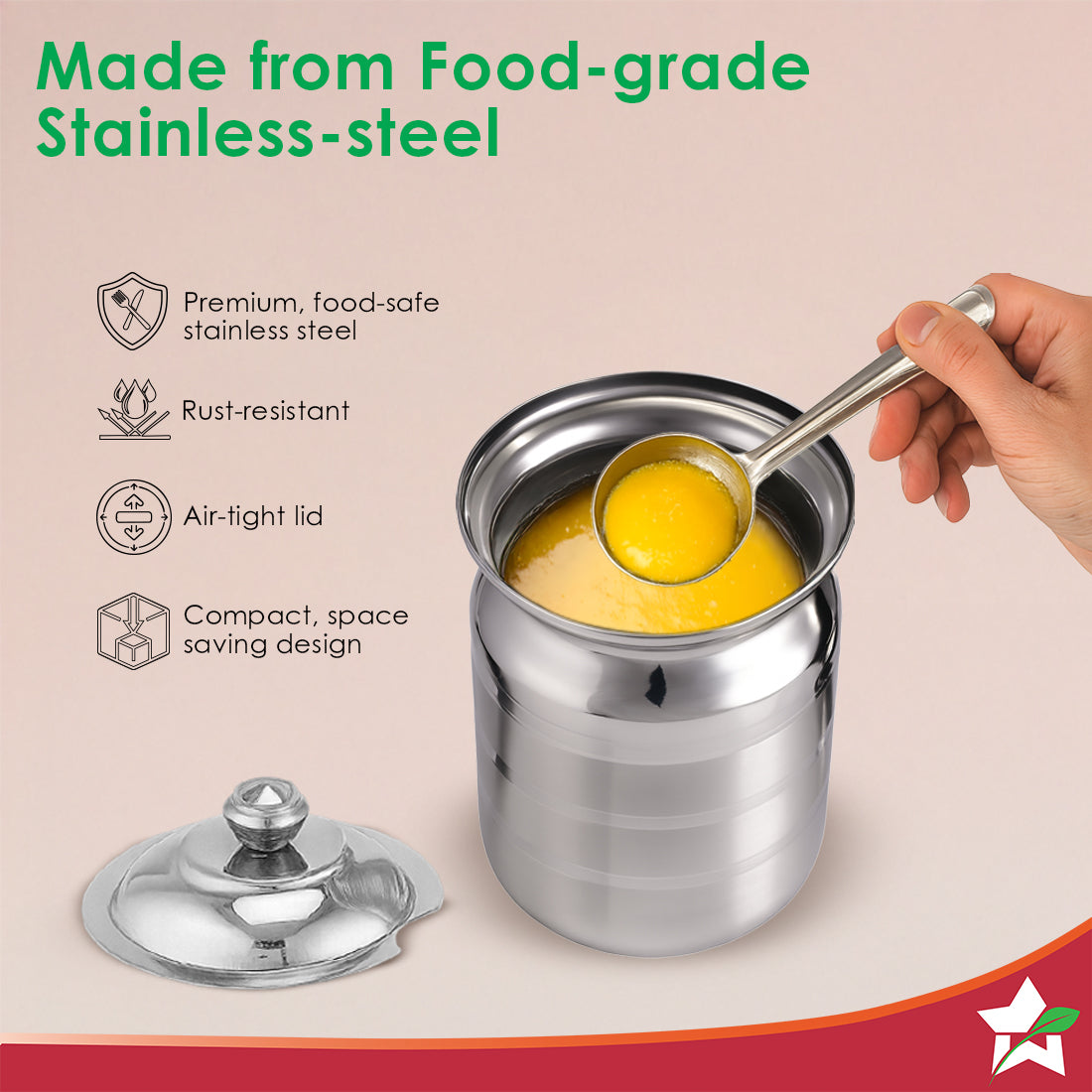 Ambrosia Premium Stainless-steel Ghee Pot with Spoon & Lid, 500 ml, Tight SS Lid, Rust-resistant & Durable Material, Ghee Storage for Kitchen, Multi-purpose Use, Silver, 1-Yr Warranty