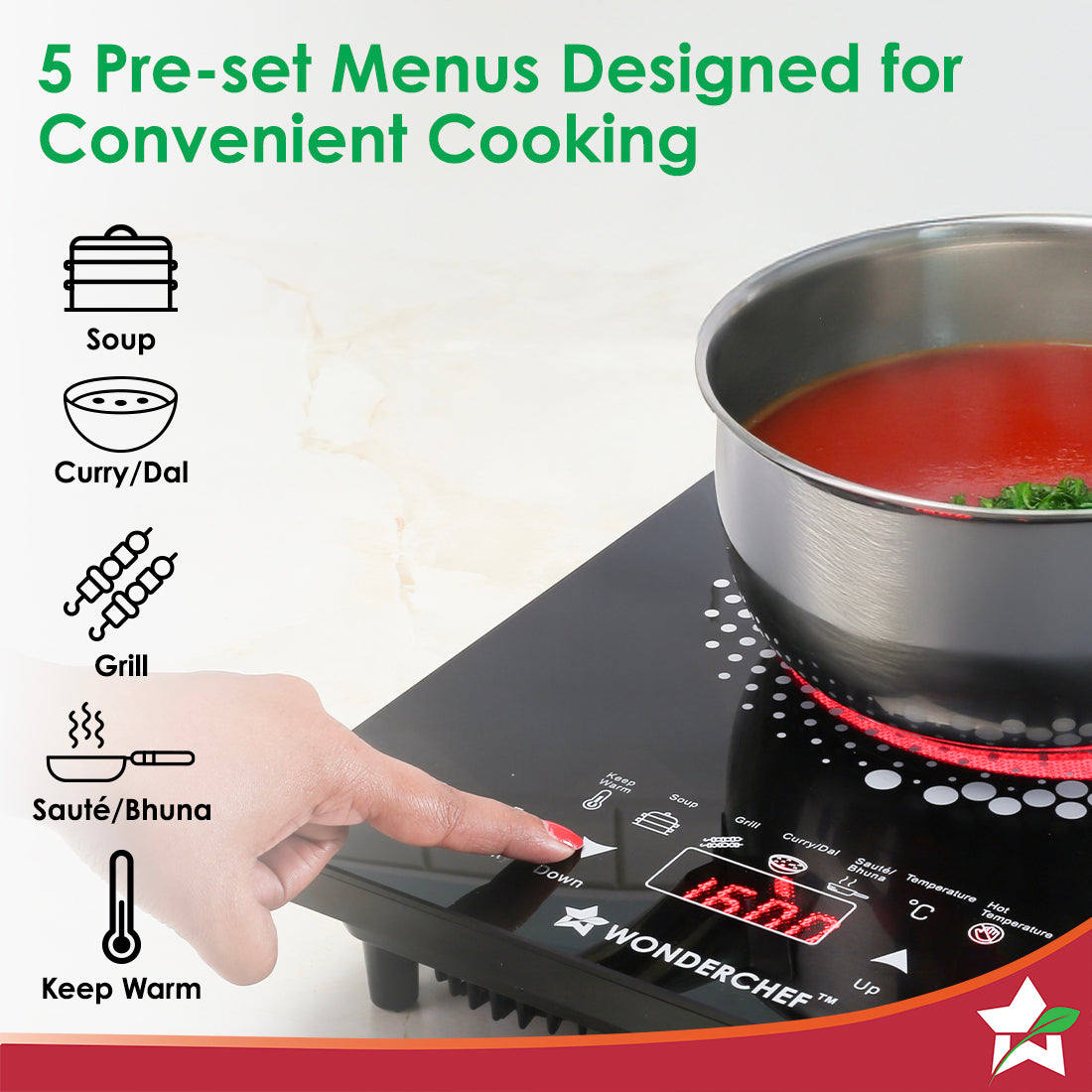 Easy Cook Hot Plate Infrared Cooktop | 2000 Watt | Feather Touch Control & 6 Power Settings | Pre-set Menus for Soups, Curries, Dals | Crystal Glass Top Surface | LED Digital Panel | Smart Touch Buttons | 1 Year Warranty
