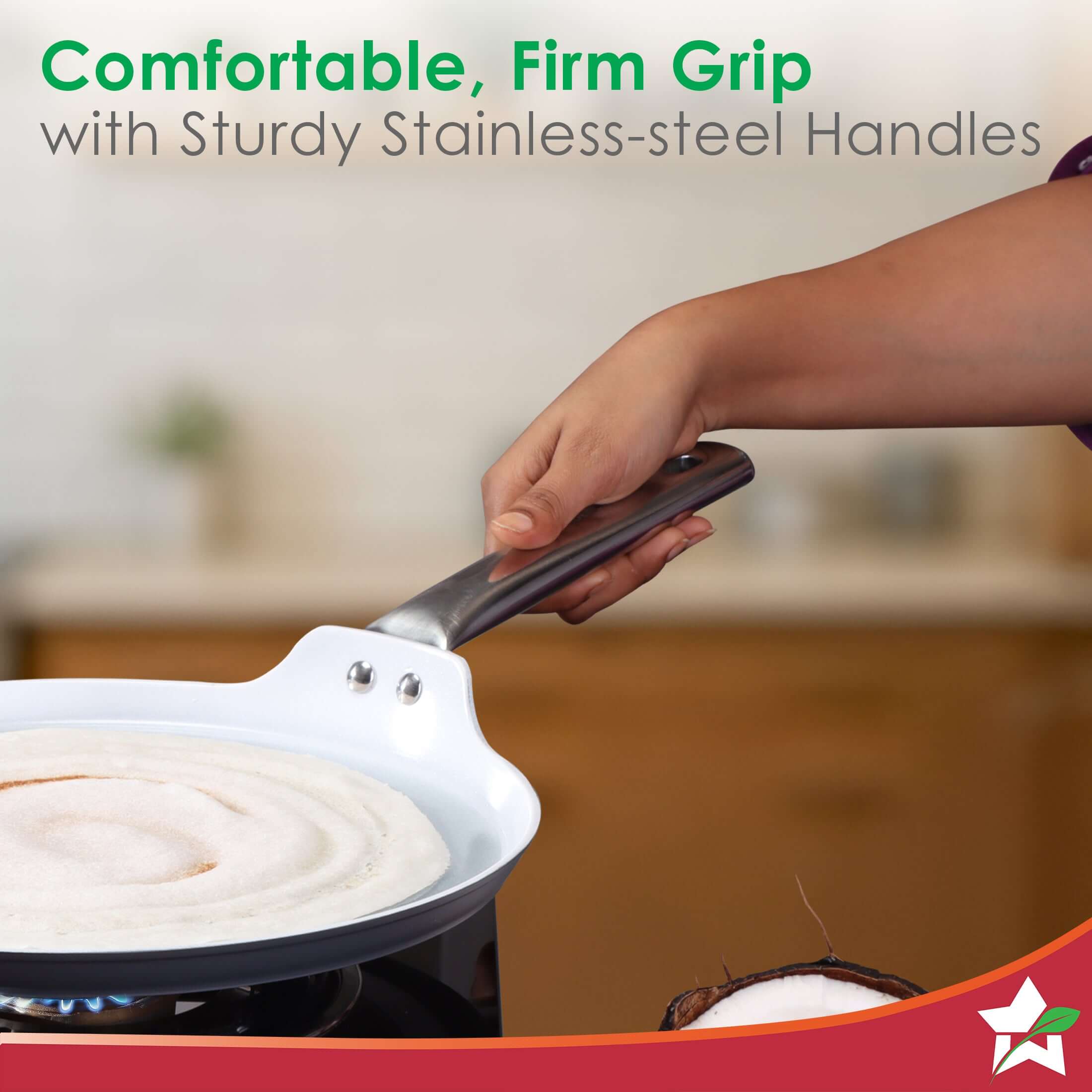 Eco-Glide Ceramic Dosa Tawa 28cm, Non-Toxic, Chemical & PFOA Free, Low Oil Cooking, Scratch-resistant, Stainless-steel Handle, Gas & Induction Compatible, 2-Year Warranty, Grey