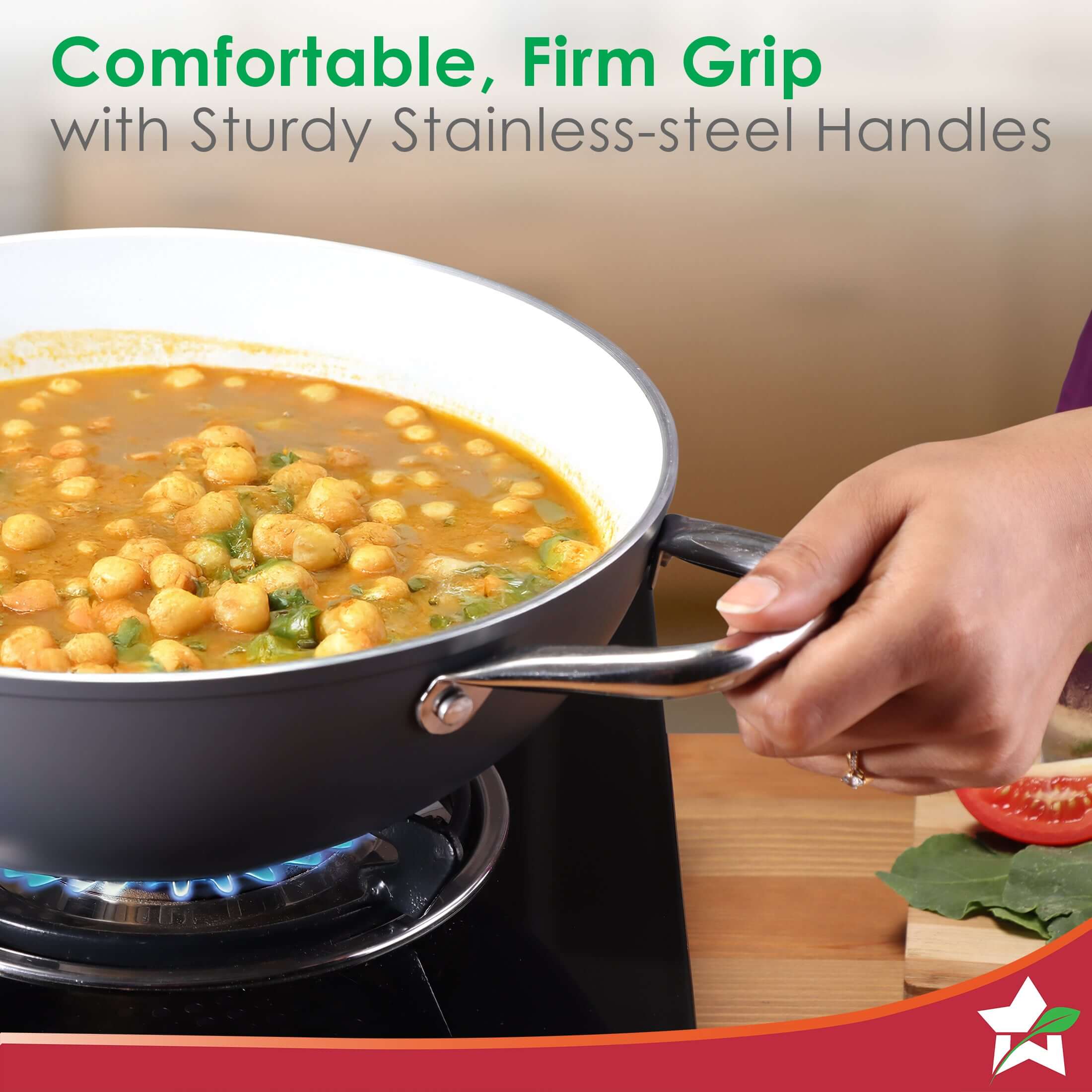 Eco-Glide Ceramic Kadhai 28cm with Glass Lid, 4.3Litre Non-toxic, Chemical Free, Low Oil Cooking, Scratch-resistant, Stainless-steel Handle, Gas+Induction Compatible, 2-Year Warranty, Grey