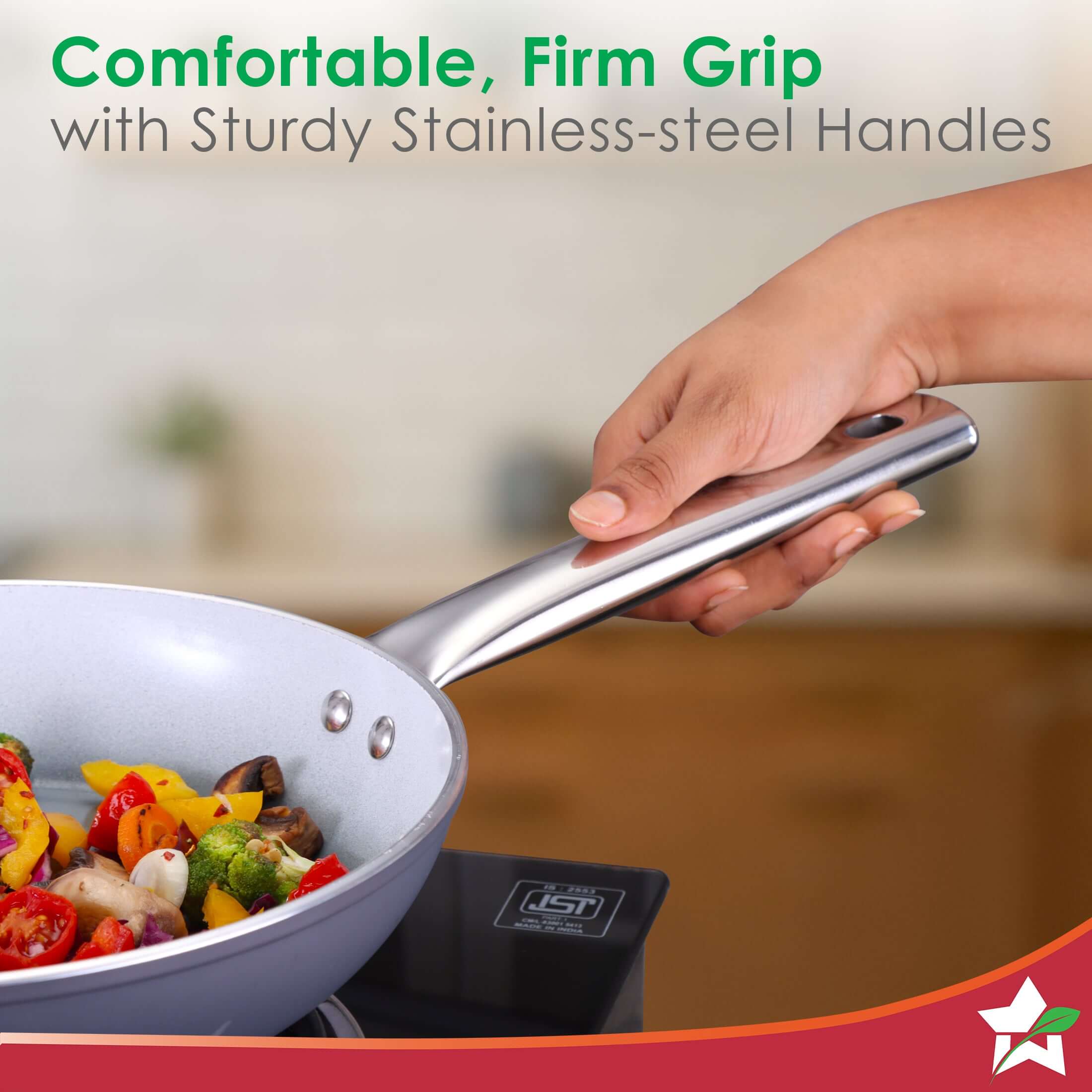 Eco-Glide Ceramic Fry Pan 24cm, 1.8 Litre Non-Toxic, Chemical & PFOA Free, Low Oil Cooking, Scratch-resistant, Stainless-steel Handle, Gas & Induction Compatible, 2-Year Warranty, Grey