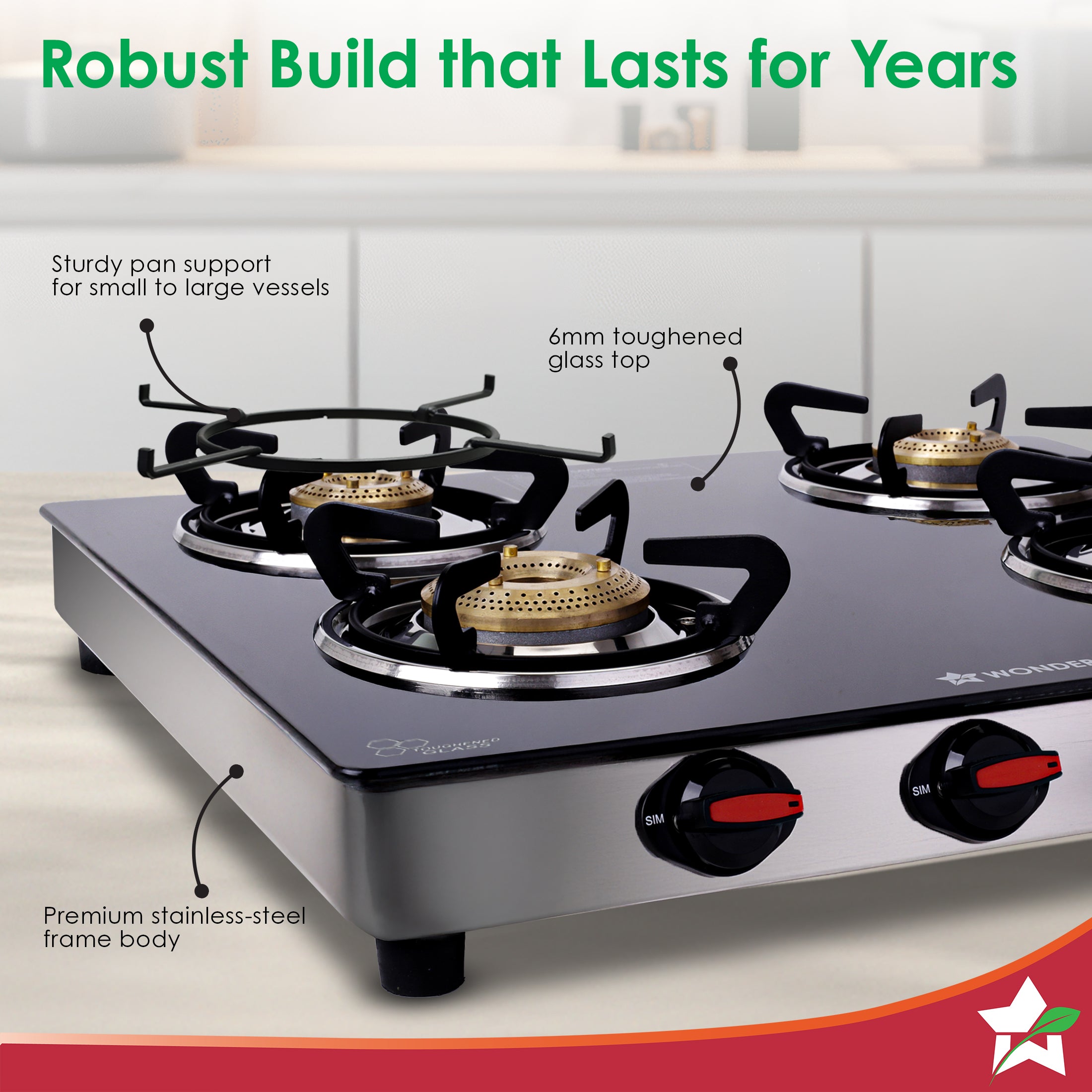Galaxy Auto-Ignition 4 Brass Burner Gas Stove, LPG Gas Stove for Kitchen, No Lighter Needed, ISI Toughened Glass Surface, SS Frame, Spill-proof Design, Ergonomic Knobs, 2-Yr Warranty
