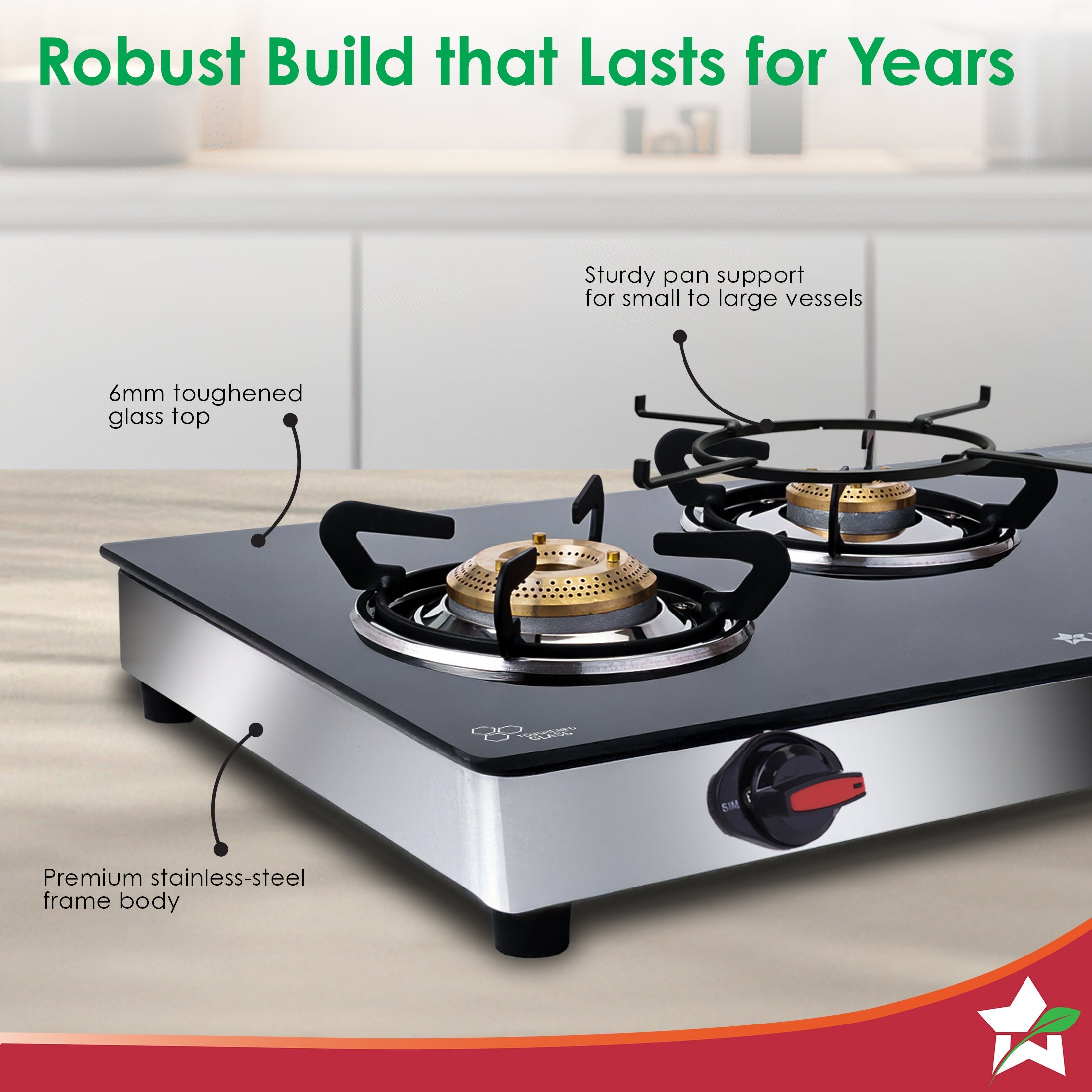 Regal 3 Brass Burner Gas Stove, LPG Gas Stove for Kitchen, ISI Toughened Glass Surface, SS Frame, Spill-proof Design, Ergonomic Knobs, 2-Yr Warranty