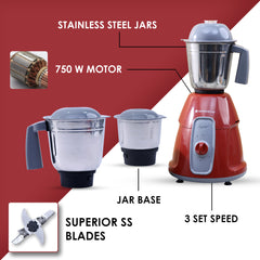 Tivoli Mixer Grinder 750 Watt, 3 Stainless Steel Jar, 2 years on Product and 5 Years on Motor, Red & Grey