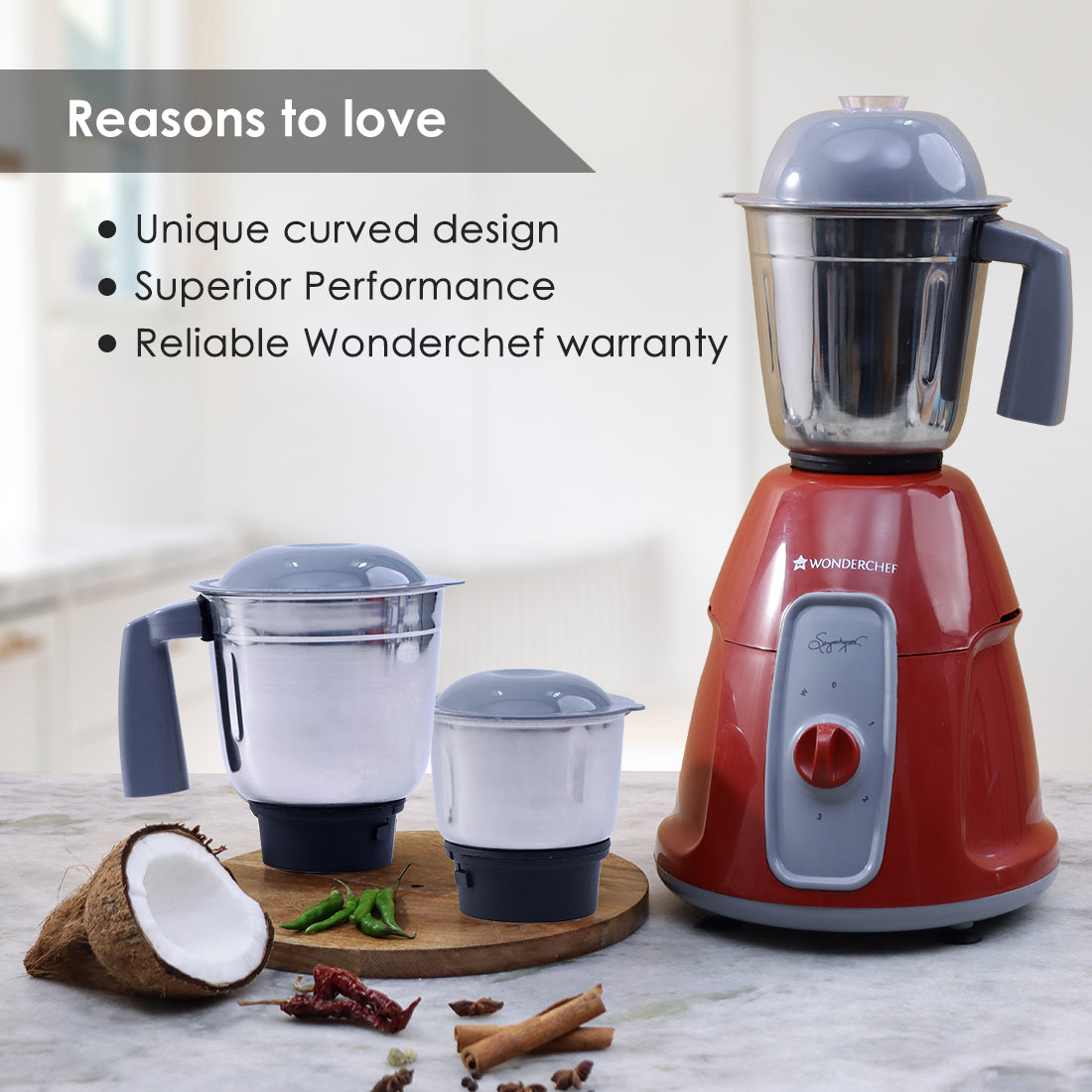 Tivoli Mixer Grinder 750 Watt, 3 Stainless Steel Jar, 2 years on Product and 5 Years on Motor, Red & Grey
