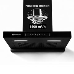 Ruby Sleek Chimney | Powerful Suction of 1400m3/hr | Auto Clean Function | Oil Collector | Low Noise | Black
