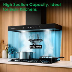 Ruby Sleek Chimney | Powerful Suction of 1400m3/hr | Auto Clean Function | Oil Collector | Low Noise | Black