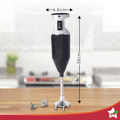 Prima Plus Electric 250W Hand Blender | Portable | Hot & Cold Blending | Food Grade SS Blades | 2 Speed Button | 3 Removable Blades for Blending, Whisking, Chopping | Make Puree, Baby Food, Soup, Smoothie | Wall Mount Holder | 2 Years Warranty | Black