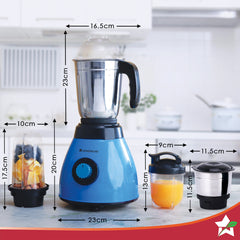 Acura Blender Pro Mixer Grinder 500W, 230V~50Hz, 4 Jars( 2 Stainless Steel + 2 Polycarbonate Jars), Black & Blue, 5 Years Warranty