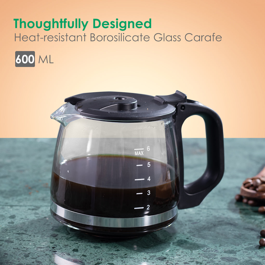 Onyx Brew Coffee Maker | Drip Coffee | 6 Cups Coffee | 750 ml Borosilicate Glass Carafe with Hot Plate | Anti Drip| Auto Shut Off | Reusable Conical Filter | 600W | 2 Year Warranty