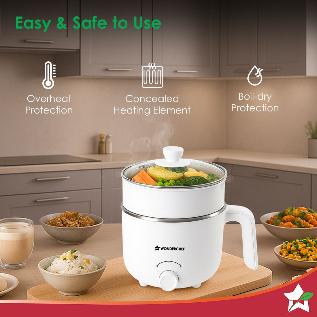 Luxe Multi Cook Kettle | Dual Power Modes | Quick Boiling | Automatic Shut-Off | Overheat Protection | Boil-Dry Protection | Egg Stand | Steamer Pot | Anti-Rust Stainless Steel | Cool Touch Exterior | 1.2 L | 600W | Ivory | 2 Years Warranty