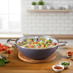 Eco-Glide Ceramic Kadhai 24cm with Glass Lid, 2.5L Non-Toxic, Chemical & PFOA Free, Low Oil Cooking, Scratch-resistant, Stainless-steel Handle, Gas+Induction Compatible, 2-Yr Warranty, Grey