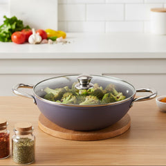 Eco-Glide Ceramic Kadhai 28cm with Glass Lid, 4.3Litre Non-toxic, Chemical Free, Low Oil Cooking, Scratch-resistant, Stainless-steel Handle, Gas+Induction Compatible, 2-Year Warranty, Grey