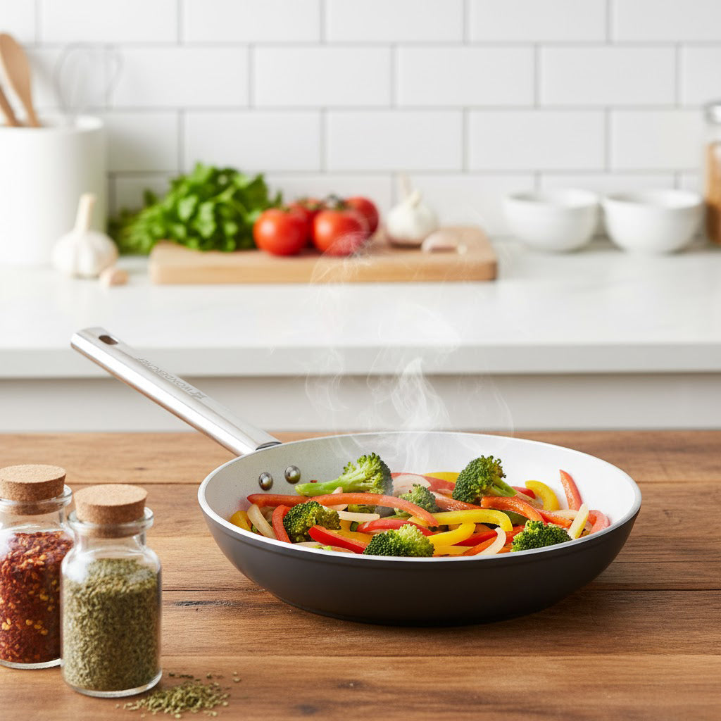 Eco-Glide Ceramic Fry Pan 20cm, 1.2 Litre Non-toxic, Chemical & PFOA Free, Low Oil Cooking, Scratch-resistant, Stainless-steel Handle, Gas & Induction Compatible, 2-year Warranty, Grey