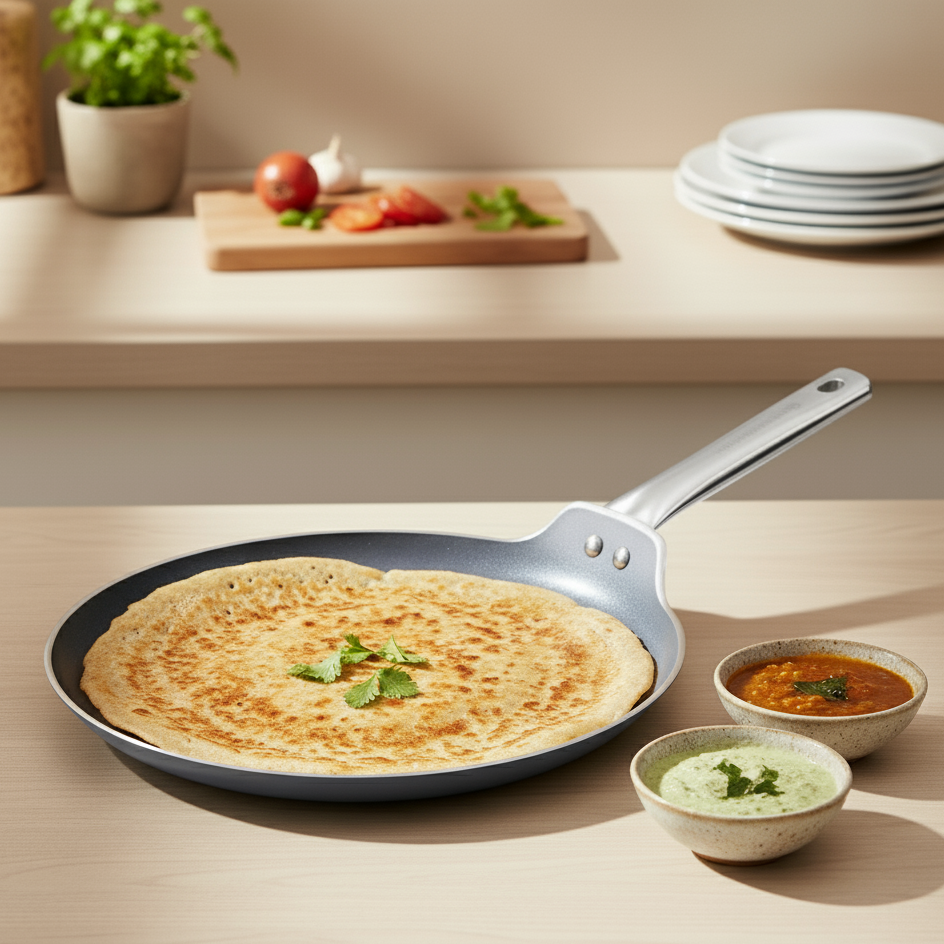 Eco-Glide Ceramic Dosa Tawa 28cm, Non-Toxic, Chemical & PFOA Free, Low Oil Cooking, Scratch-resistant, Stainless-steel Handle, Gas & Induction Compatible, 2-Year Warranty, Grey