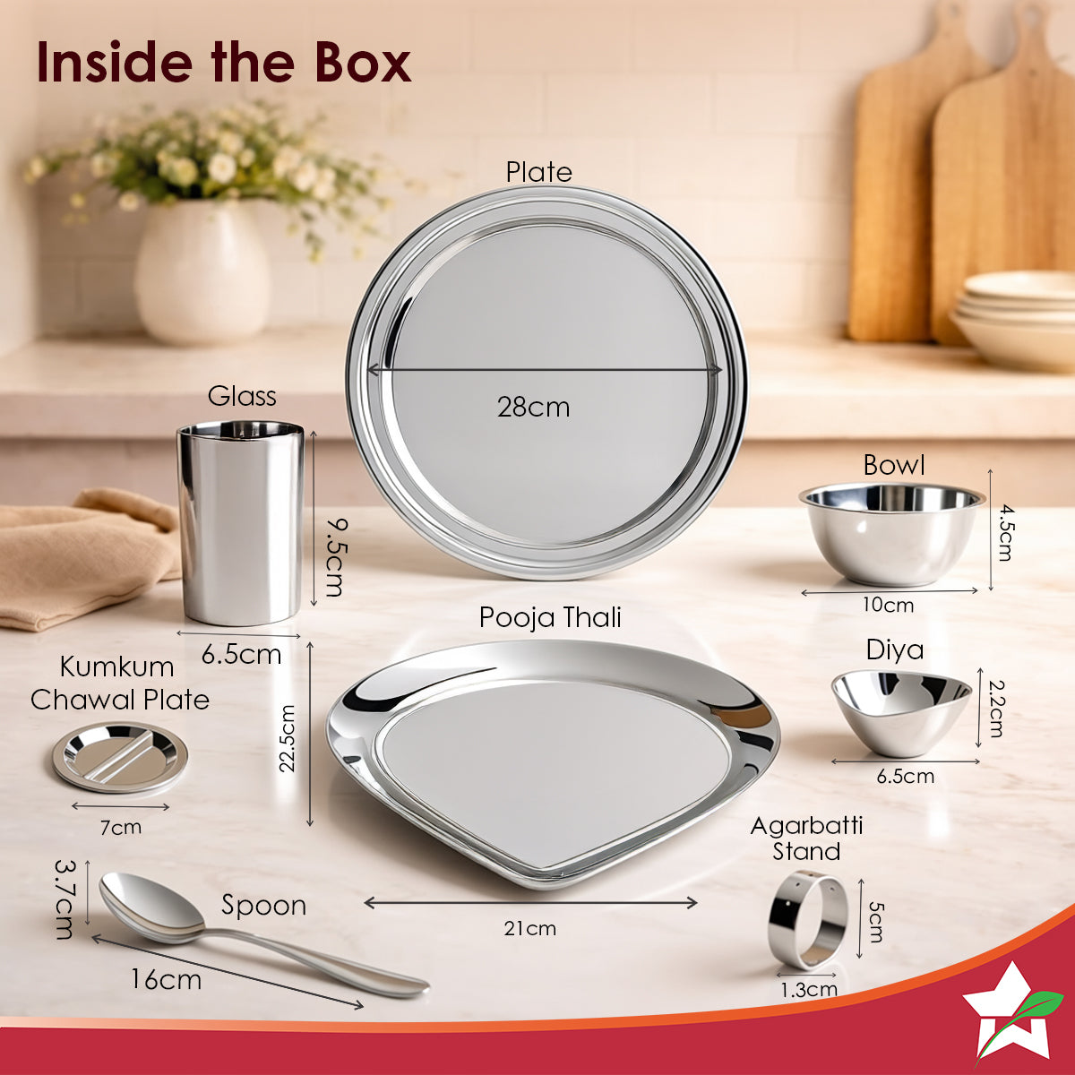Harmony Premium Stainless-Steel Dinner & Pooja Gift Set | Plates, Bowls, Glasses, Spoons, Pooja Thali, Diya & Agarbatti Stand | Elegant Red Gift Box for Weddings, Festivals, Housewarmings