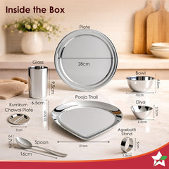 Harmony Premium Stainless-Steel Dinner & Pooja Gift Set | Plates, Bowls, Glasses, Spoons, Pooja Thali, Diya & Agarbatti Stand | Elegant Red Gift Box for Weddings, Festivals, Housewarmings