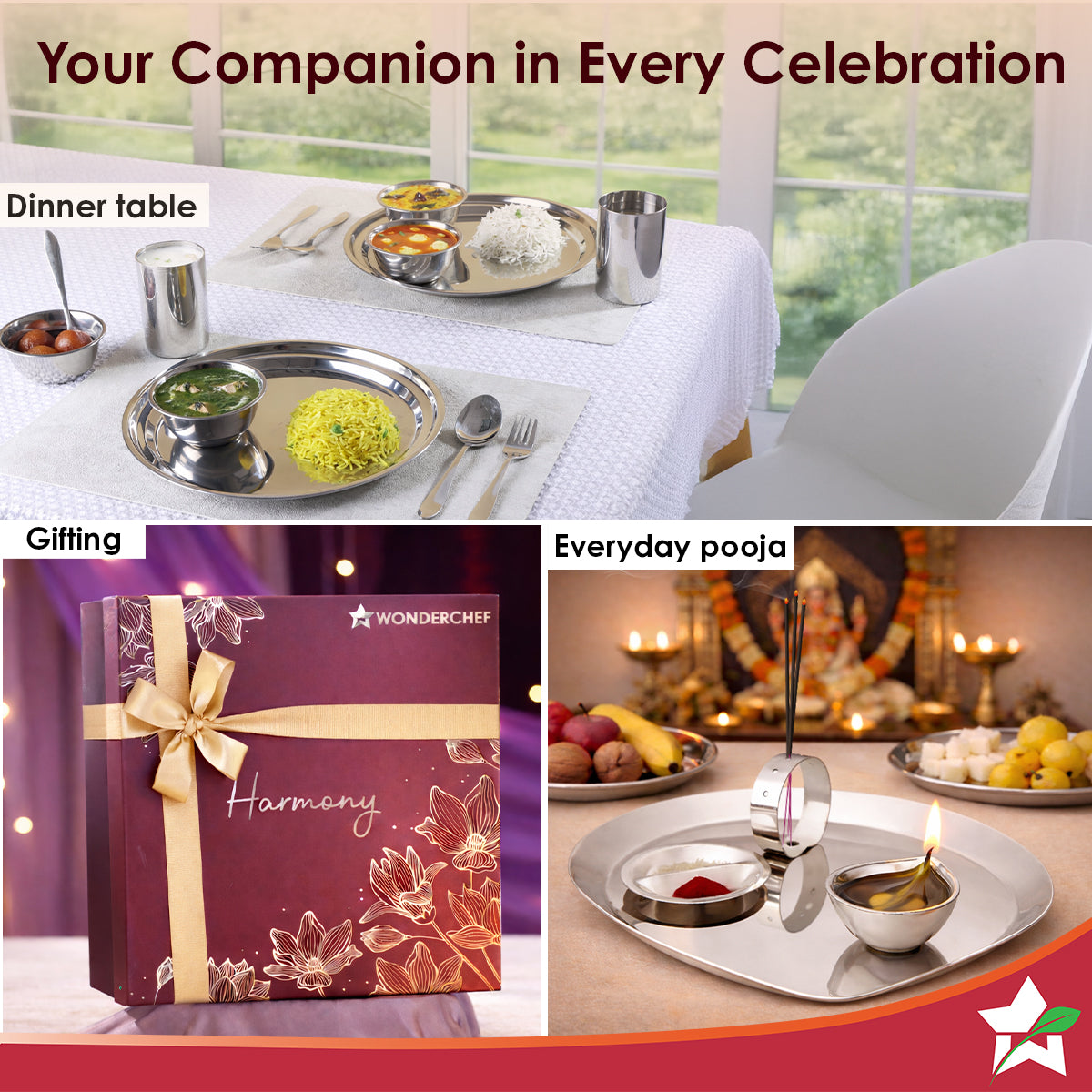 Harmony Premium Stainless-Steel Dinner & Pooja Gift Set | Plates, Bowls, Glasses, Spoons, Pooja Thali, Diya & Agarbatti Stand | Elegant Red Gift Box for Weddings, Festivals, Housewarmings