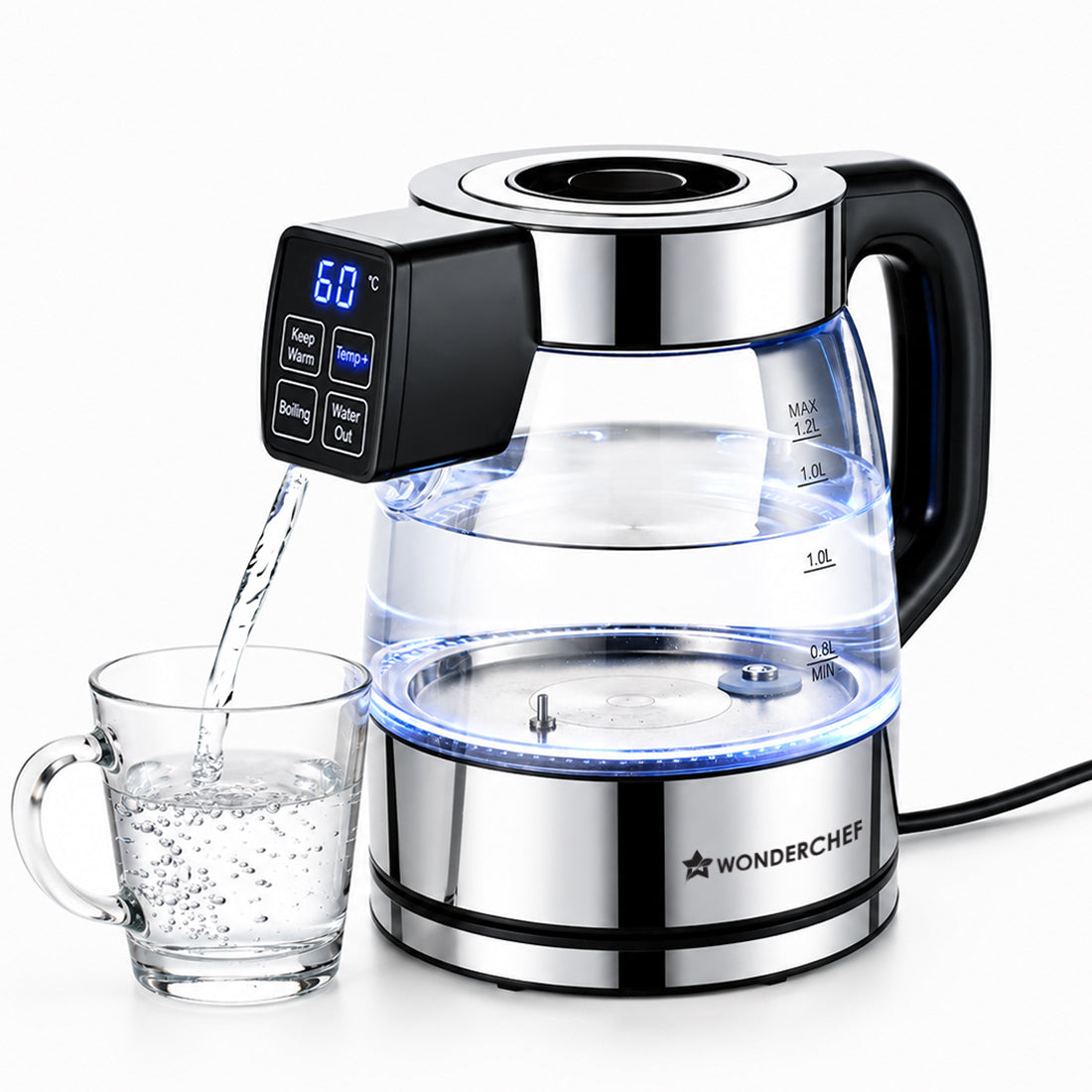 Crystal Tap & Flow Glass Kettle & Hot Water Dispenser, 1.7 L Borosilicate Glass Jar, Built-in Battery, Temperature Sensor & Control, Multi-purpose, Portable inside Homes, 1-Yr Warranty