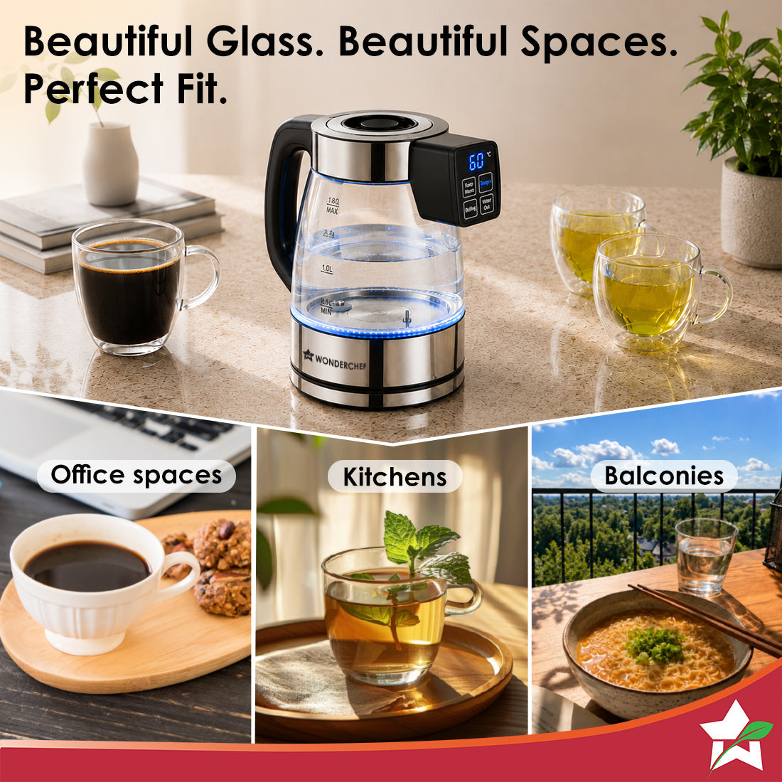 Crystal Tap & Flow Glass Kettle & Hot Water Dispenser, 1.7 L Borosilicate Glass Jar, Built-in Battery, Temperature Sensor & Control, Multi-purpose, Portable inside Homes, 1-Yr Warranty