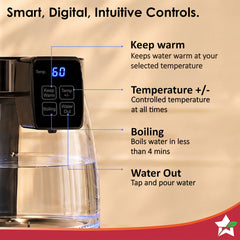 Crystal Tap & Flow Glass Kettle & Hot Water Dispenser, 1.7 L Borosilicate Glass Jar, Built-in Battery, Temperature Sensor & Control, Multi-purpose, Portable inside Homes, 1-Yr Warranty