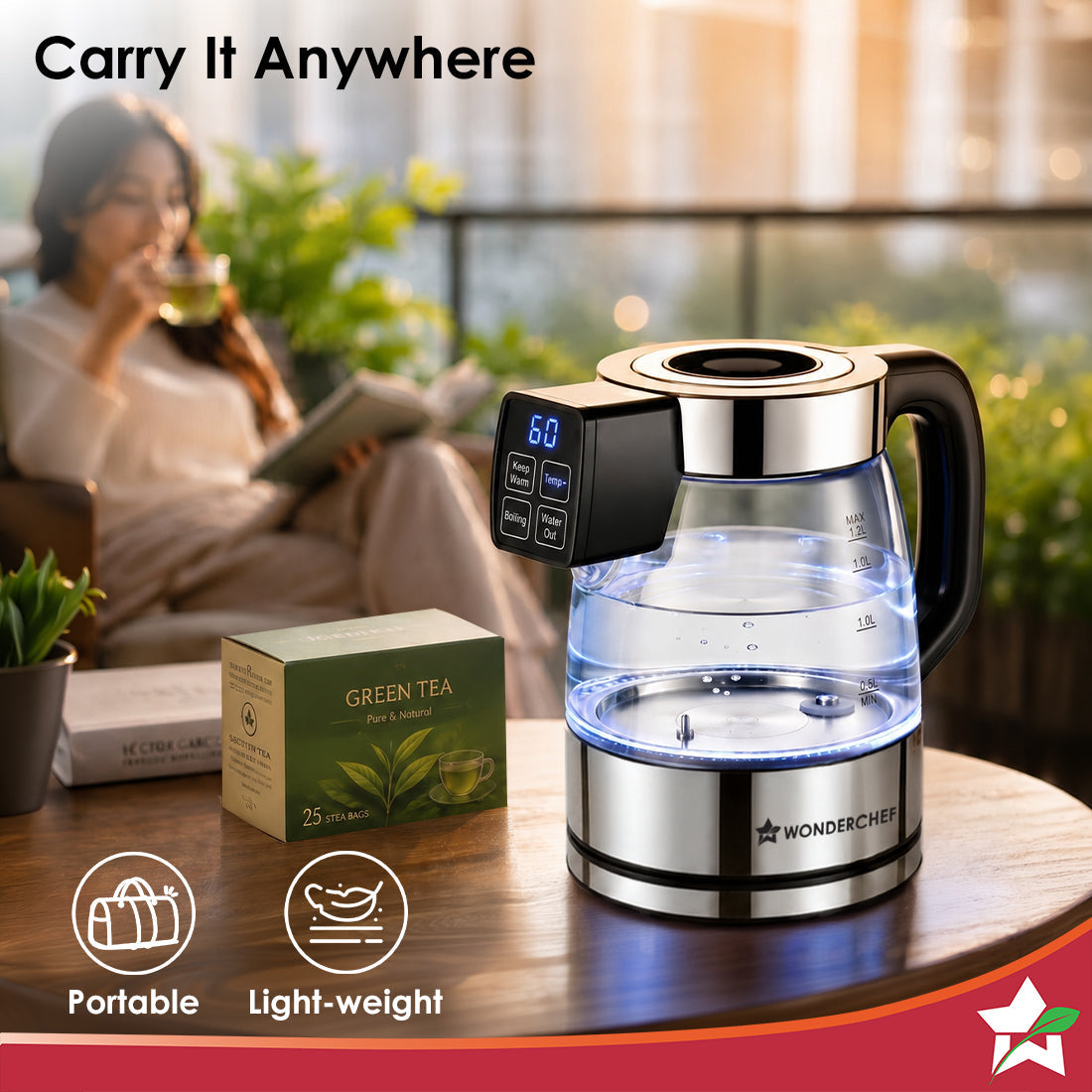Crystal Tap & Flow Glass Kettle & Hot Water Dispenser, 1.7 L Borosilicate Glass Jar, Built-in Battery, Temperature Sensor & Control, Multi-purpose, Portable inside Homes, 1-Yr Warranty