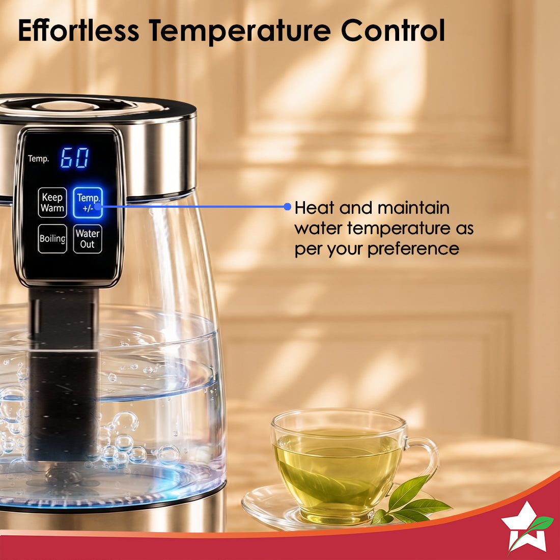 Crystal Tap & Flow Glass Kettle & Hot Water Dispenser, 1.7 L Borosilicate Glass Jar, Built-in Battery, Temperature Sensor & Control, Multi-purpose, Portable inside Homes, 1-Yr Warranty
