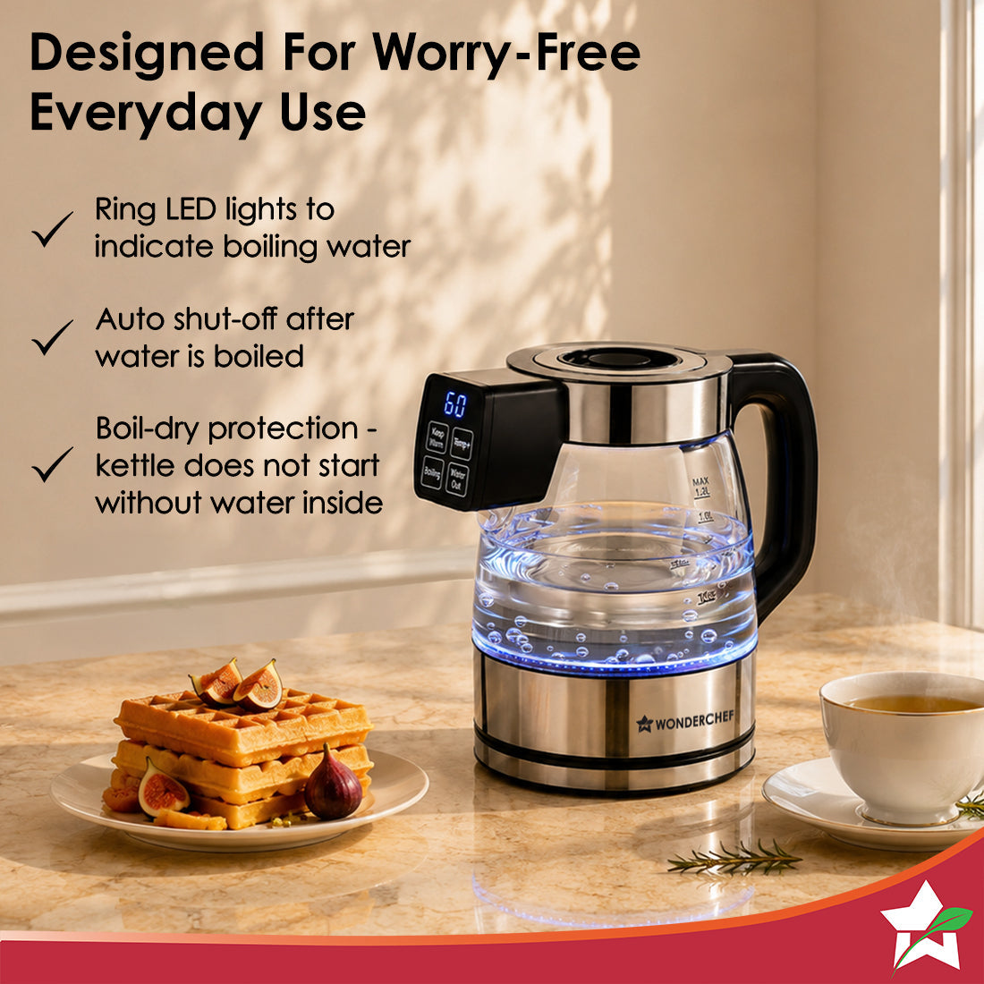 Crystal Tap & Flow Glass Kettle & Hot Water Dispenser, 1.7 L Borosilicate Glass Jar, Built-in Battery, Temperature Sensor & Control, Multi-purpose, Portable inside Homes, 1-Yr Warranty