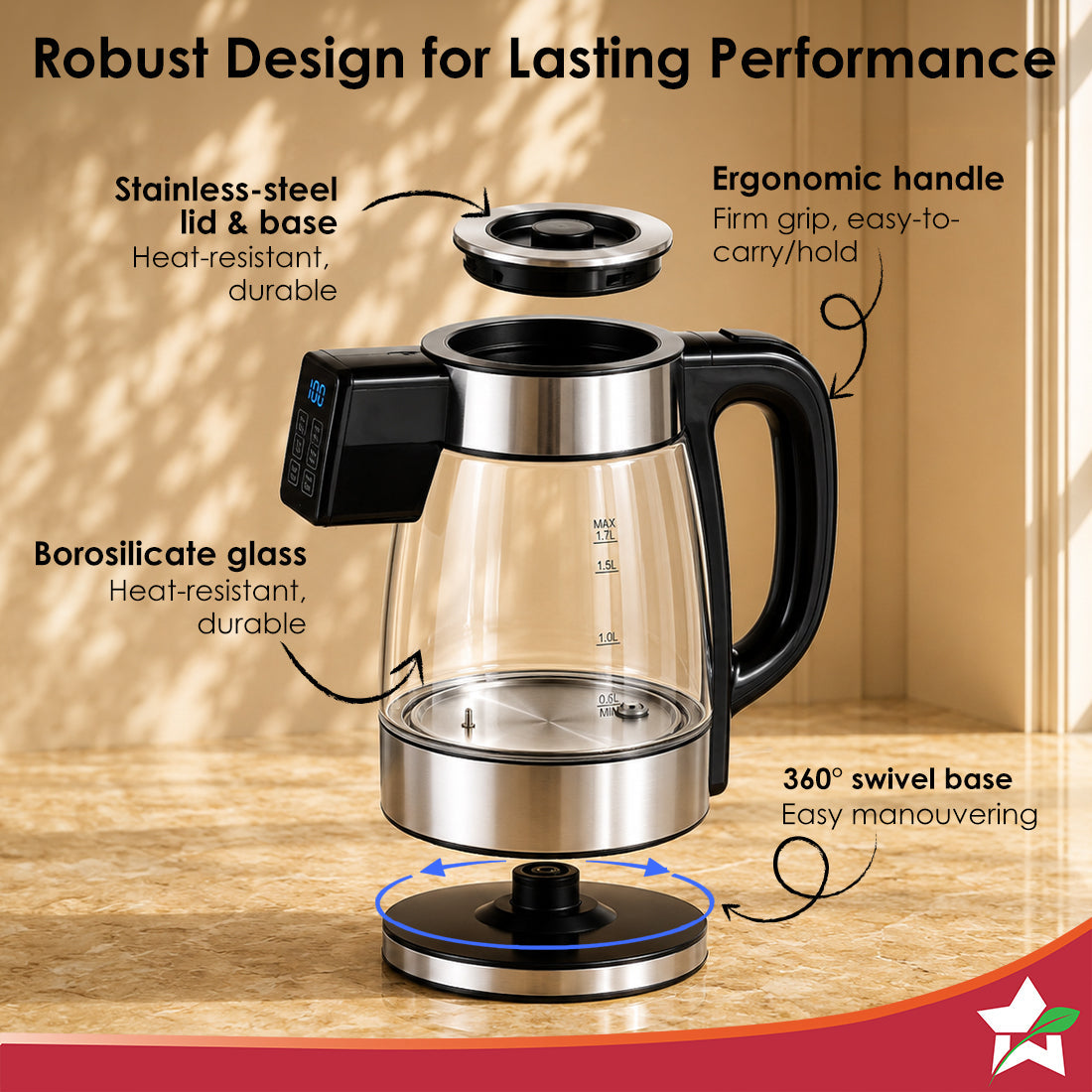 Crystal Tap & Flow Glass Kettle & Hot Water Dispenser, 1.7 L Borosilicate Glass Jar, Built-in Battery, Temperature Sensor & Control, Multi-purpose, Portable inside Homes, 1-Yr Warranty