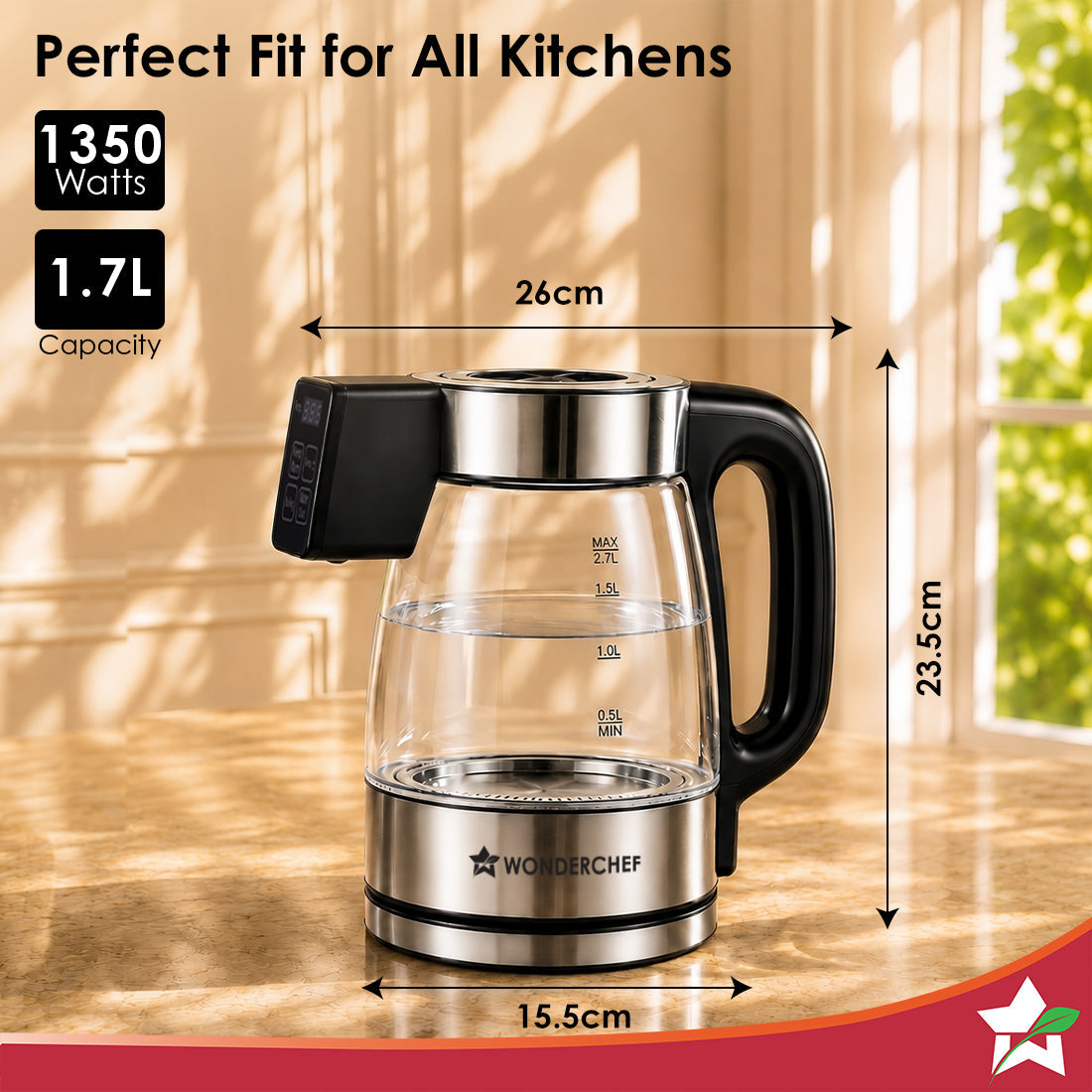 Crystal Tap & Flow Glass Kettle & Hot Water Dispenser, 1.7 L Borosilicate Glass Jar, Built-in Battery, Temperature Sensor & Control, Multi-purpose, Portable inside Homes, 1-Yr Warranty