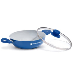 Natura Ceramic Kadhai & Glass Lid for Cooking, 24cm, 2.5L, Non-toxic Chemical-free Coating, PFOA/PFAS-Free, For Kitchen, Scratch-resistant, Gas & Induction Compatible, 2-Yr Warranty, Teal Blue