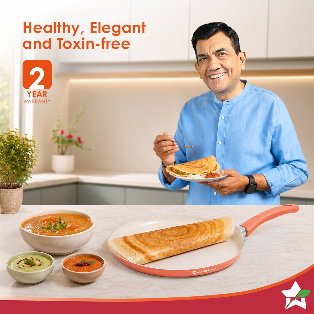Natura Ceramic Dosa Tawa for Cooking, 28cm, Non-toxic Chemical-free Coating, PFOA/PFAS-Free, For Kitchen, Scratch-resistant, Gas & Induction Compatible, 2-Yr Warranty, Peach