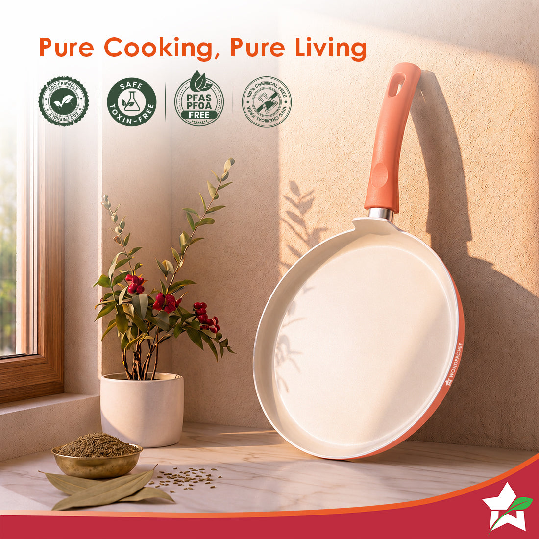 Natura Ceramic Dosa Tawa for Cooking, 28cm, Non-toxic Chemical-free Coating, PFOA/PFAS-Free, For Kitchen, Scratch-resistant, Gas & Induction Compatible, 2-Yr Warranty, Peach