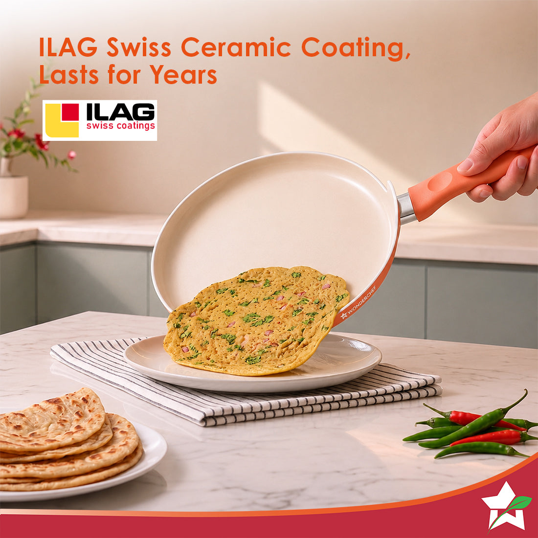 Natura Ceramic Dosa Tawa for Cooking, 28cm, Non-toxic Chemical-free Coating, PFOA/PFAS-Free, For Kitchen, Scratch-resistant, Gas & Induction Compatible, 2-Yr Warranty, Peach