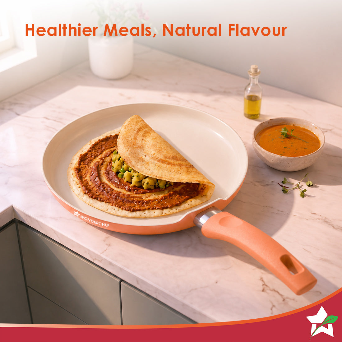 Natura Ceramic Dosa Tawa for Cooking, 28cm, Non-toxic Chemical-free Coating, PFOA/PFAS-Free, For Kitchen, Scratch-resistant, Gas & Induction Compatible, 2-Yr Warranty, Peach
