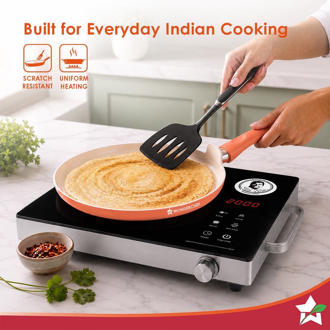 Natura Ceramic Dosa Tawa for Cooking, 28cm, Non-toxic Chemical-free Coating, PFOA/PFAS-Free, For Kitchen, Scratch-resistant, Gas & Induction Compatible, 2-Yr Warranty, Peach