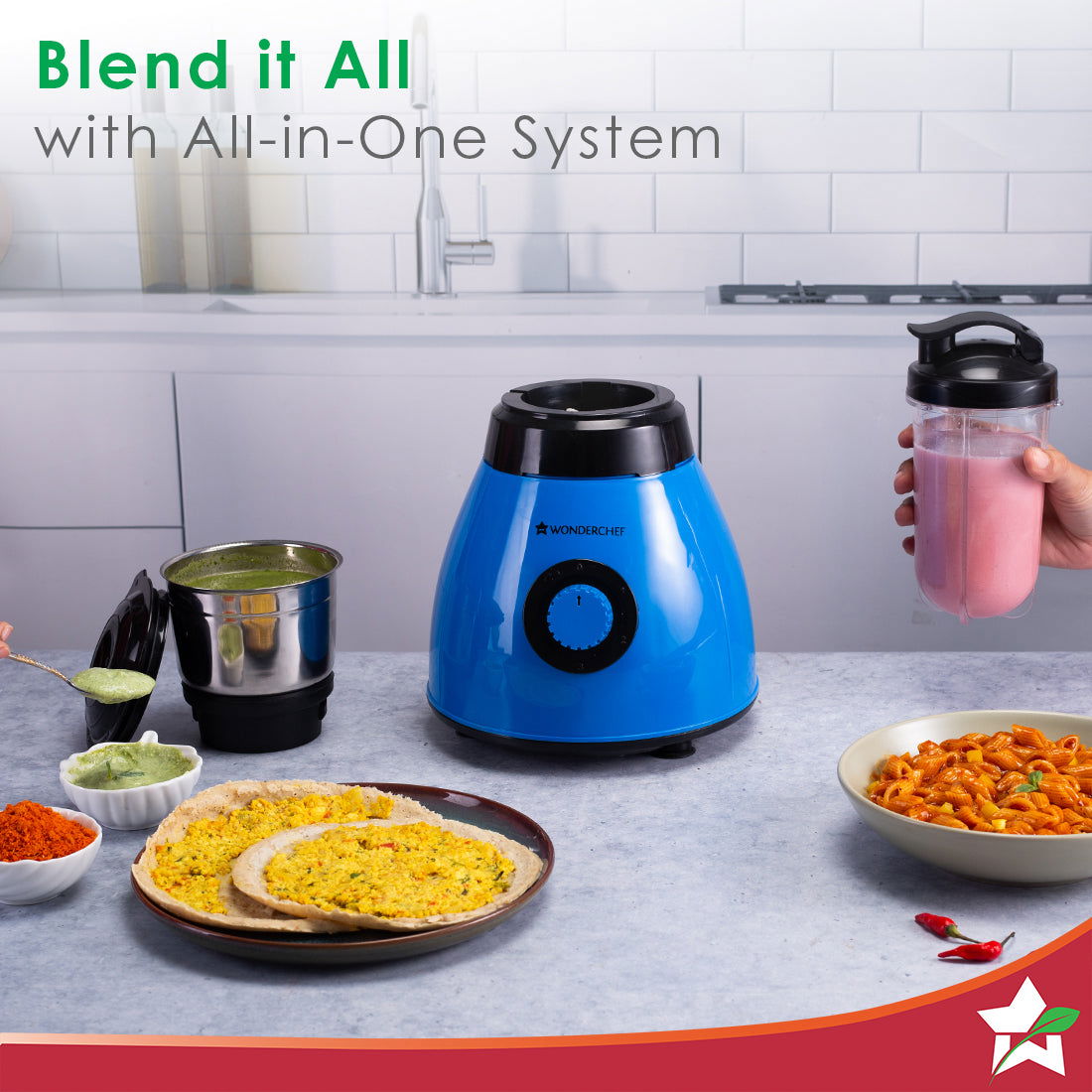 Acura Blender Pro Mixer Grinder 500W, 230V~50Hz, 4 Jars( 2 Stainless Steel + 2 Polycarbonate Jars), Black & Blue, 5 Years Warranty
